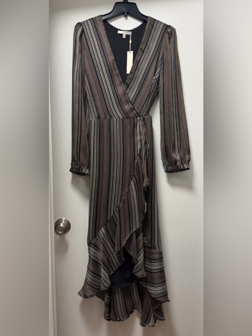 Lavender Brown Striped Brown and Black Wrap High-Low Autumn Wedding Guest Dress